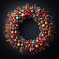 Festive Christmas wreath of fresh natural spruce branches with red holly berries isolated on black background Royalty Free Stock Photo