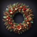 Festive Christmas wreath of fresh natural spruce branches with red holly berries isolated on black background Royalty Free Stock Photo