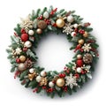 Festive Christmas wreath of fresh natural spruce branches with red holly berries isolated on white background Royalty Free Stock Photo