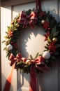 Festive Christmas wreath hanging on a front door, AI-generated. Royalty Free Stock Photo