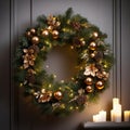 Festive Christmas wreath with lights bow and cones. Royalty Free Stock Photo