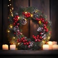 Festive Christmas wreath with lights bow and cones. Royalty Free Stock Photo