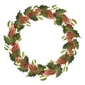 Festive Christmas wreath with pine cones, sprigs of mistletoe and holly. Empty space for inserting text. Royalty Free Stock Photo