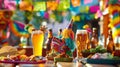 Festive Cinco de Mayo Table Spread with Beer and Mexican Food