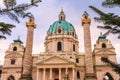 Festive cityscape - view of the Karlskirche St. Charles Church for Christmas holidays in the city of Vienna