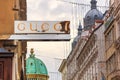 Festive cityscape - view of the sign of Gucci store chains on Christmas eve in the city of Vienna