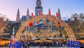 Festive cityscape - view of the Vienna Christmas World and Vienna City Hall Wiener Rathaus on Rathausplatz Royalty Free Stock Photo