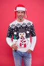 Festive clothes. Christmas concept. Guy in fashionable sweater celebrate winter. Winter sale. Seasonal discount. Diving