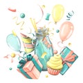 A festive cocktail with pennies, gifts, a cap, balloons and confetti. Watercolor illustration. A congratulatory