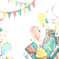 A festive cocktail with pennies, gifts, a cap, balloons and confetti. Watercolor illustration. A congratulatory