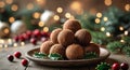 Festive coconut balls arranged on a rustic plate with holiday decorations in the background. Royalty Free Stock Photo