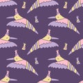 Festive colibri birds and caps silhouette seamless pattern. Perfect retro print for tee, paper, fabric, textile. Hand drawn vector Royalty Free Stock Photo