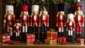 Festive collection of Christmas nutcrackers and wrapped gifts displayed on a shelf. Royalty Free Stock Photo