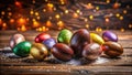 A festive collection of decorated eggs on rustic wood with sparkling lights. Generative AI Royalty Free Stock Photo