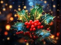 Festive collection of lush, bright green holly leaves adorned with red berries, AI-generated.