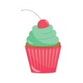 Festive colored cupcake with green cream and cherries