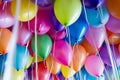 festive, colorful balloons with helium attachment to the white ribbons