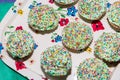 Colorful cupcakes with candy toppings on a tray Royalty Free Stock Photo