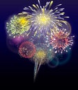 Festive colorful firework bursting in various shapes sparkling pictograms set against transparent background. abstract