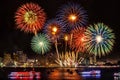 Festive colorful firework light up the sky over the city at nigh