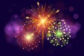 Festive Colorful fireworks on dark blue background. Set of Vector realistic fireworks illustration. New Year Christmas Royalty Free Stock Photo