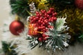 Festive colorful decorations on christmas tree