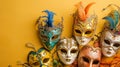 A festive, colorful group of mardi gras or carnivale mask on a yellow background. Generative AI