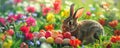 A festive colorful rabbit arranging an array of vivid Easter eggs in a garden with multicolored spring blossoms