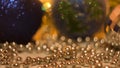 Festive composition with blue and silver christmas tree toys. Concept. Blinking blurred garland and beautiful small and Royalty Free Stock Photo