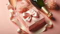 festive composition featuring champagne, a gift with a bow, on a pink background