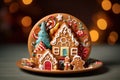 Festive composition of gingerbread cookies on plate - circle at the back, xmas trees, gingerbread houses and gingerbread mans.