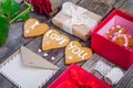 Festive Composition With Homemade Cookies In Shape Of Heart With I Love You Lettering, Rose, Gift Box. Card, Envelope, Vintage Rib