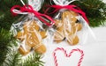 Festive composition with packed gingerbread men and Christmas tree on a white wooden background. DIY gifts for Christmas and New Royalty Free Stock Photo