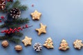 Festive composition of spruce branches, cones and festive homemade cookies, blue background, top view, space for text