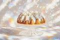 Festive confetti cake with icing on crystal stand surrounded by sparkling background Royalty Free Stock Photo