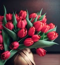 Festive congratulatory bouquet of red tulips with green leaves. Generative AI, generative artificial intelligence