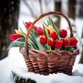 Festive congratulatory bouquet of red tulips in a wicker basket on a background of white snow.