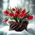 Festive congratulatory bouquet of red tulips in a wicker basket on a background of white snow.