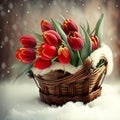 Festive congratulatory bouquet of red tulips in a wicker basket on a background of white snow.