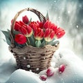 Festive congratulatory bouquet of red tulips in a wicker basket on a background of white snow.