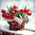 Festive congratulatory bouquet of red tulips in a wicker basket on a background of white snow.