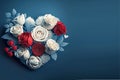 A festive congratulatory bouquet in the shape of a heart made of red and white roses. Generative AI, generative artificial intelli