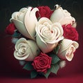 Festive congratulatory bouquet of white and red roses on a dark background. Generative AI, generative artificial intelligence