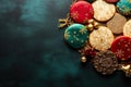 Festive cookies set against a Christmas and New Year background with glitz and glamour, rich in jewel tones.