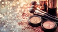 Festive cosmetics background with shimmering makeup products and brushes. Party makeup concept Royalty Free Stock Photo