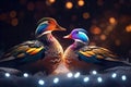 festive of couple mandarin duck covered in glowing lights , in a winter scene AI generated Royalty Free Stock Photo