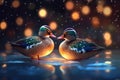 festive of couple mandarin duck covered in glowing lights , in a winter scene AI generated Royalty Free Stock Photo