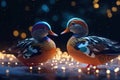 festive of couple mandarin duck covered in glowing lights , in a winter scene AI generated