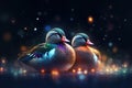 festive of couple mandarin duck covered in glowing lights , in a winter scene AI generated Royalty Free Stock Photo