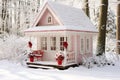 Festive and cozy christmas cottage with snowy surroundings and delicate wreath on the front porch